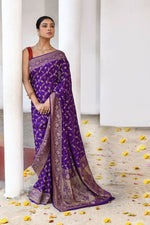 Thumbnail for Joban Fashion Purple Crepe Chiffon Pure Handloom Banarasi Silk Saree