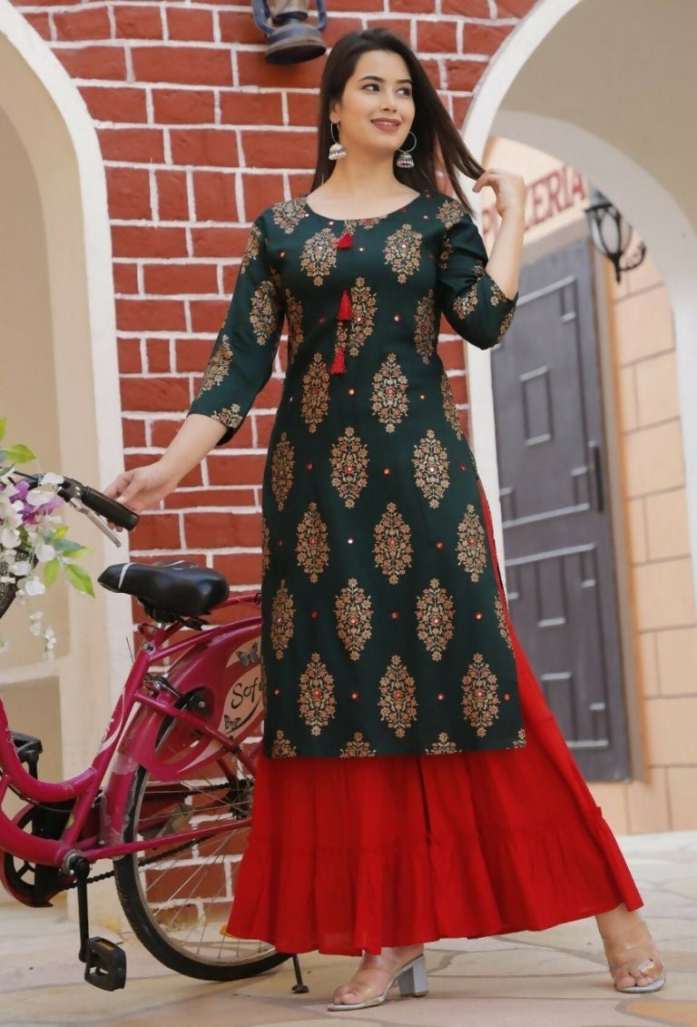 Alvano Printed Kurta With Sharara Set for Women's and Girls Rayon (Green) - Distacart