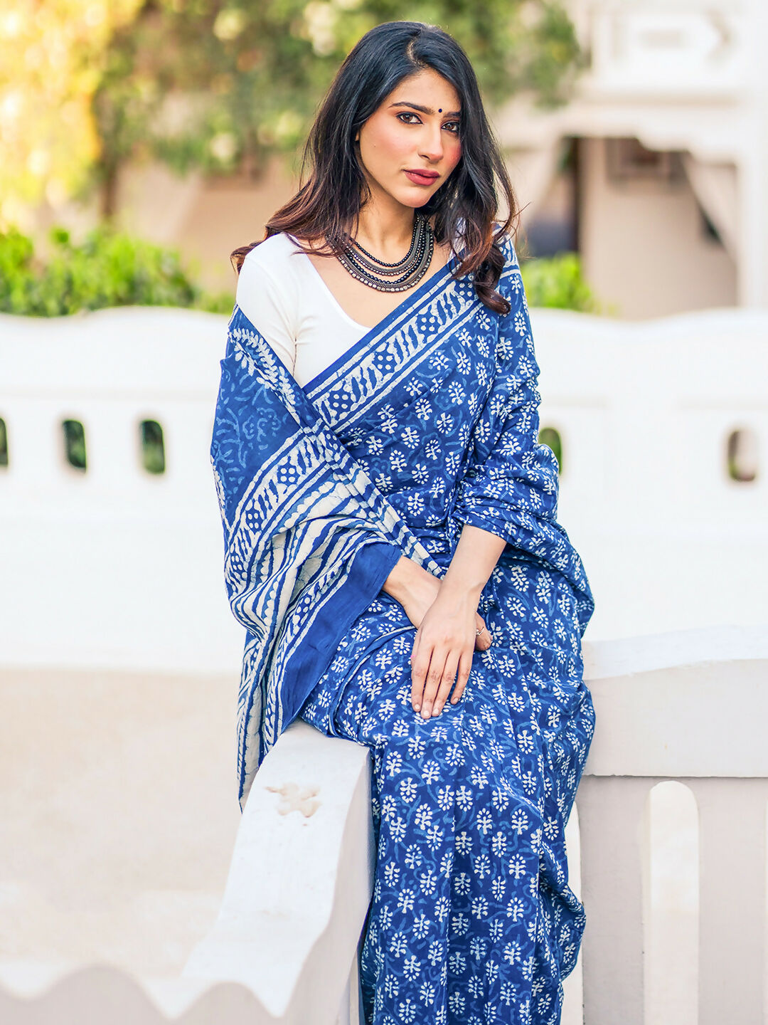 Zibaa Hand-Blocked Pure Mul Cotton Indigo Saree