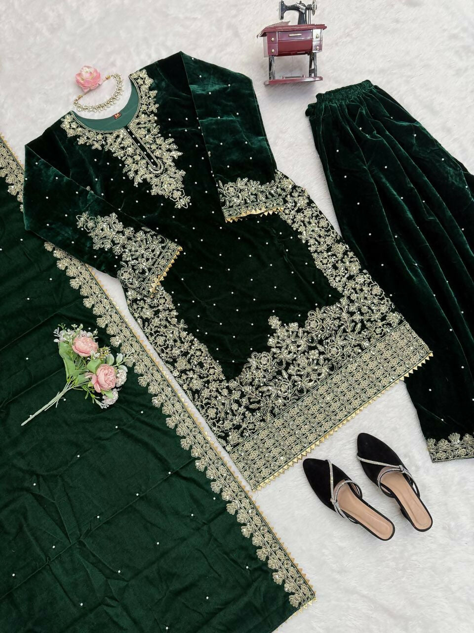 Vastranavya Green Viscose Velvet Cording Sequence With Moti Work Top-Bottom With Dupatta
