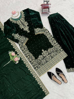 Thumbnail for Vastranavya Green Viscose Velvet Cording Sequence With Moti Work Top-Bottom With Dupatta
