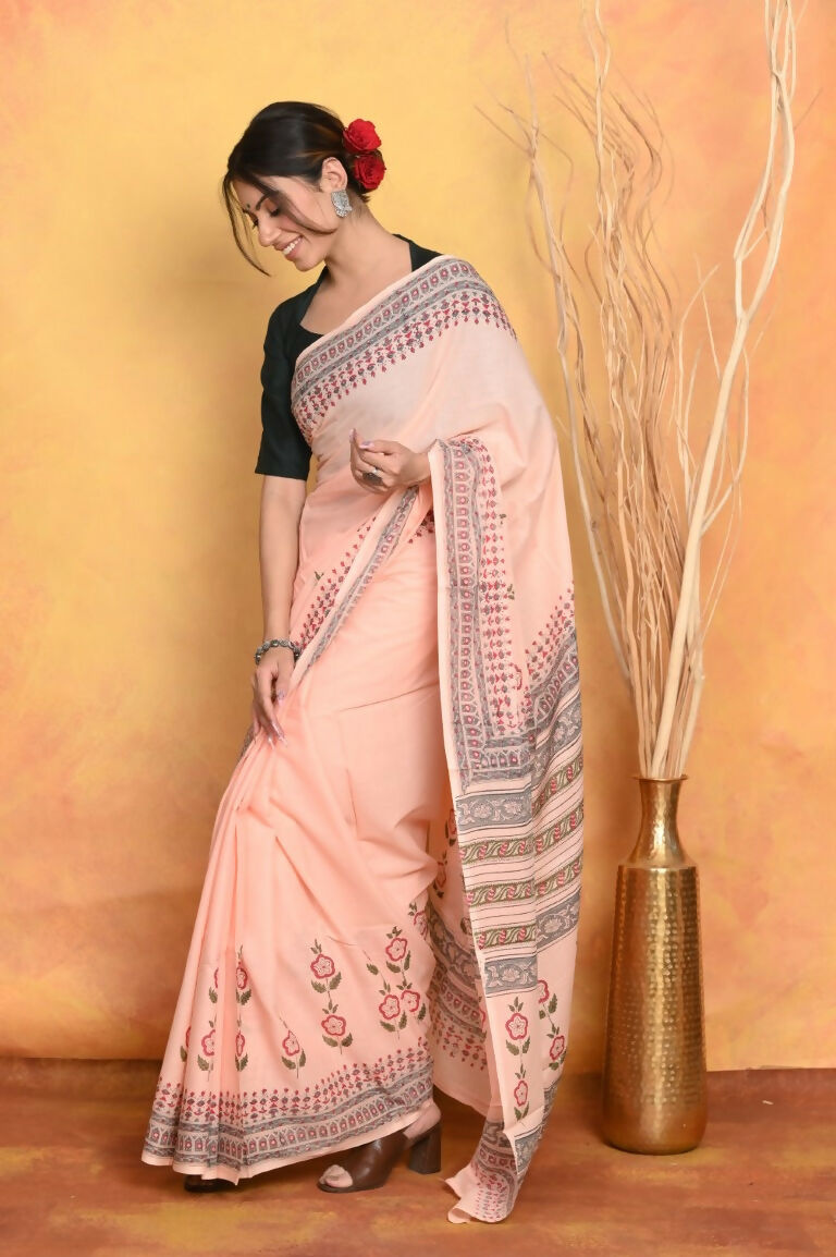 Very Much Indian Handblock Printed Cotton Saree With Natural Dyes - Peach - Distacart