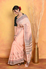 Thumbnail for Very Much Indian Handblock Printed Cotton Saree With Natural Dyes - Peach - Distacart