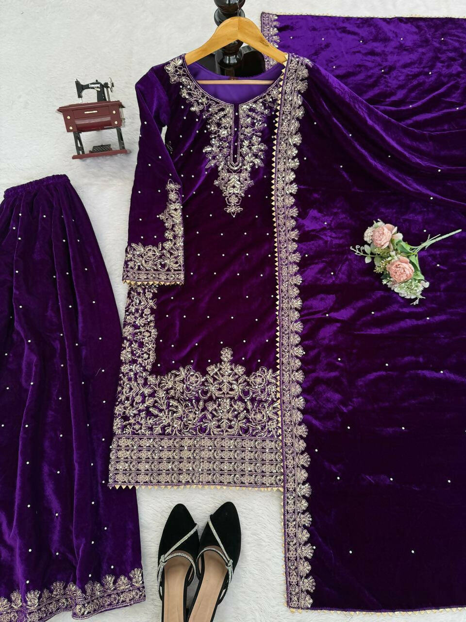 Vastranavya Purple Viscose Velvet Cording Sequence With Moti Work Top-Bottom With Dupatta