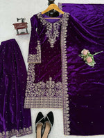 Thumbnail for Vastranavya Purple Viscose Velvet Cording Sequence With Moti Work Top-Bottom With Dupatta
