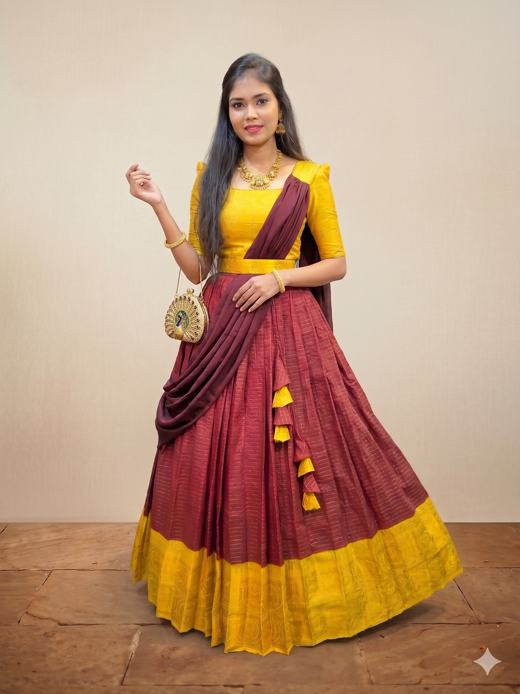 Teeya Creation New Maroon and Yellow Banarasi Silk Half Saree Lehenga Choli with Pleated Dupatta - Dista