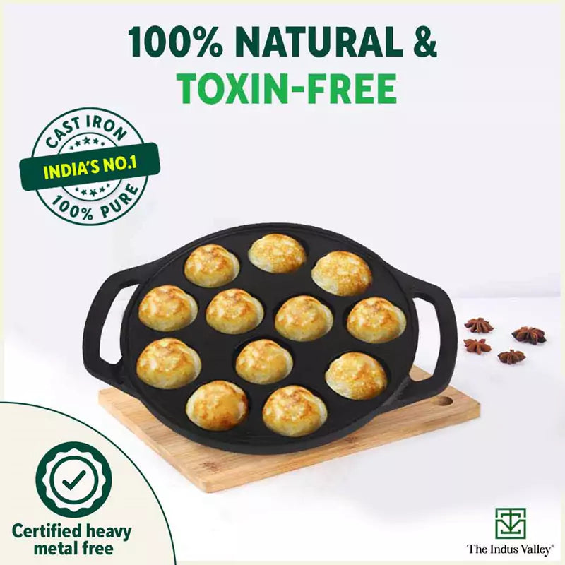 The Indus Valley 12 Pit/Cup CASTrong Cast Iron Kuzhi Paniyaram/Paddu Pan/Appe Maker, Pre-seasoned, 100% Pure, Toxin-free, Spatula, 21 cm, 2.2 kg