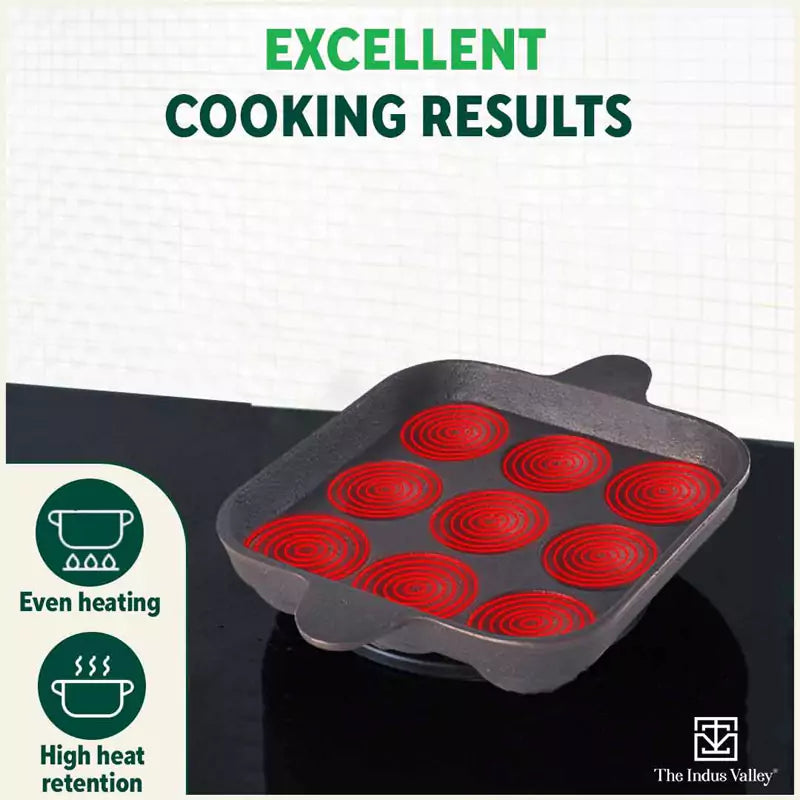 The Indus Valley 9 Pit/Cup CASTrong Cast Iron Paniyaram/Appe Pan+ Spatula, Pre-seasoned, Natural Nonstick, 100% Pure, Toxin-free, 18.2 cm, 1.34 kg - Distacart