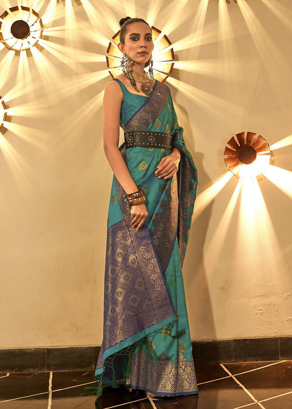Trendy Weaving Silk Teal Green Designer Saree - Emponline - Distacart