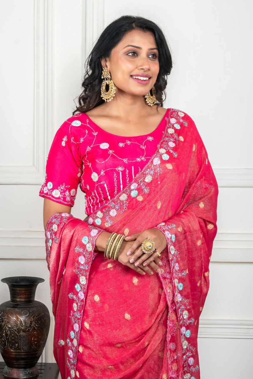 Morchari Pink Pure Chiffon Hand Embroidery Saree And Stitched Blouse