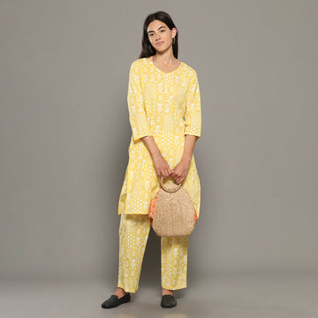 Breathables Women Cotton Printed Loungewear Kurta And Pants Co-Ord Set Yellow I Nightwear | Abstract Print - Dista