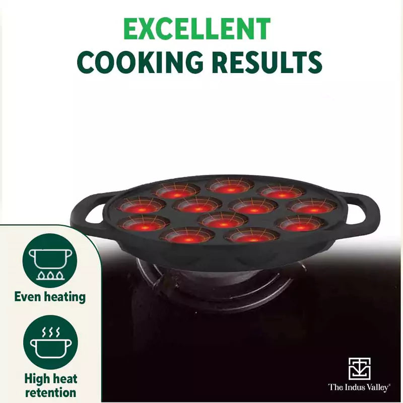 The Indus Valley 12 Pit/Cup CASTrong Cast Iron Kuzhi Paniyaram/Paddu Pan/Appe Maker, Pre-seasoned, 100% Pure, Toxin-free, Spatula, 21 cm, 2.2 kg