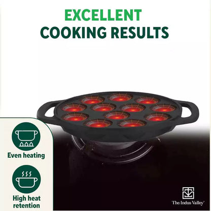 The Indus Valley 12 Pit/Cup CASTrong Cast Iron Kuzhi Paniyaram/Paddu Pan/Appe Maker, Pre-seasoned, 100% Pure, Toxin-free, Spatula, 21 cm, 2.2 kg - Distacart