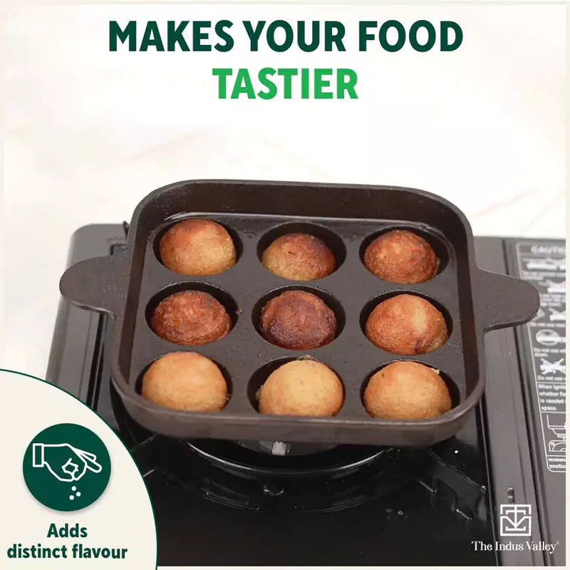 The Indus Valley 9 Pit/Cup CASTrong Cast Iron Paniyaram/Appe Pan+ Spatula, Pre-seasoned, Natural Nonstick, 100% Pure, Toxin-free, 18.2 cm, 1.34 kg