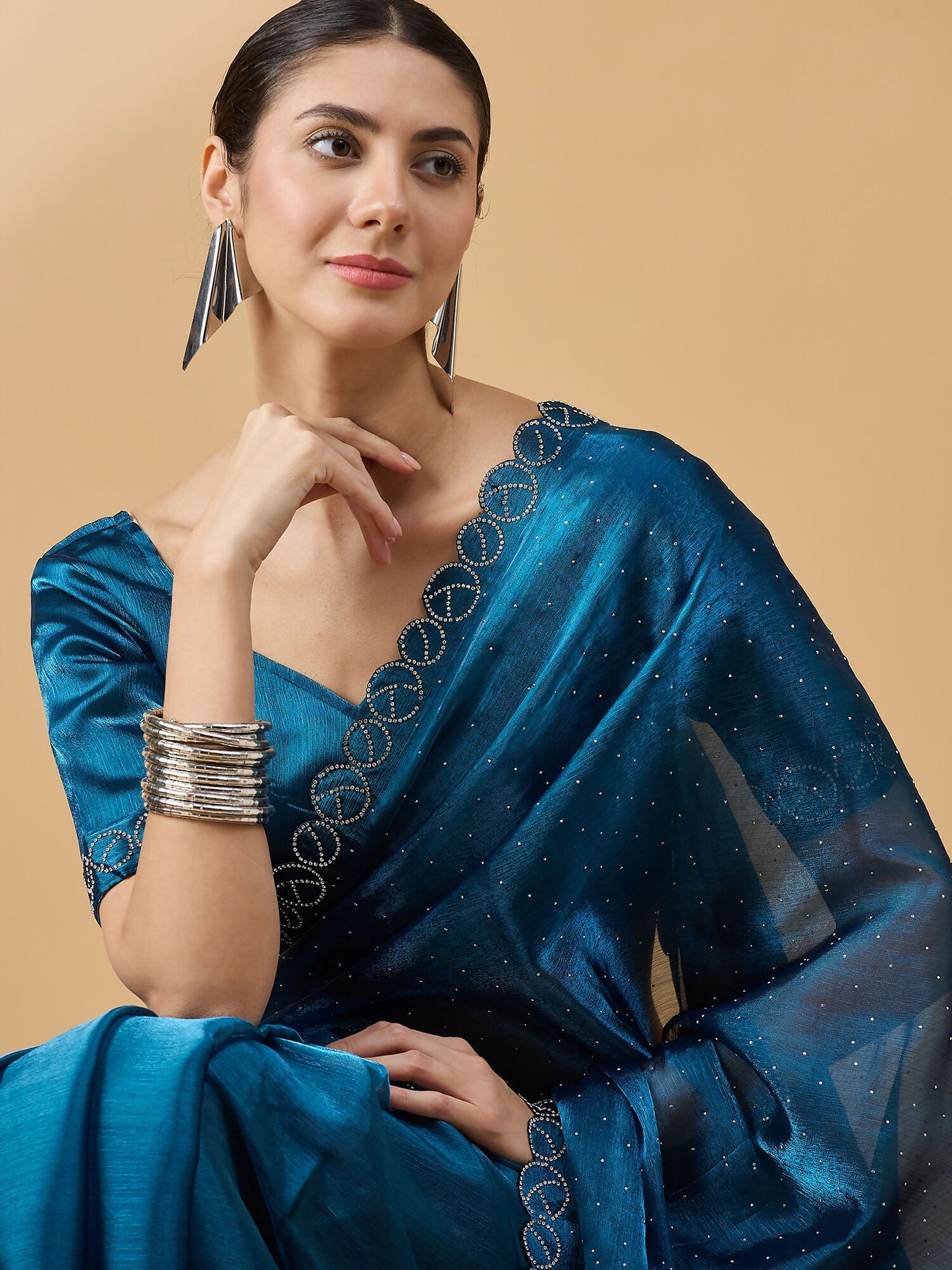 Teal Organza Swaroski Diamond Work Saree with Unstitched Blouse - Radha - Distacart