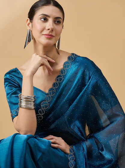 Teal Organza Swaroski Diamond Work Saree with Unstitched Blouse - Radha - Distacart