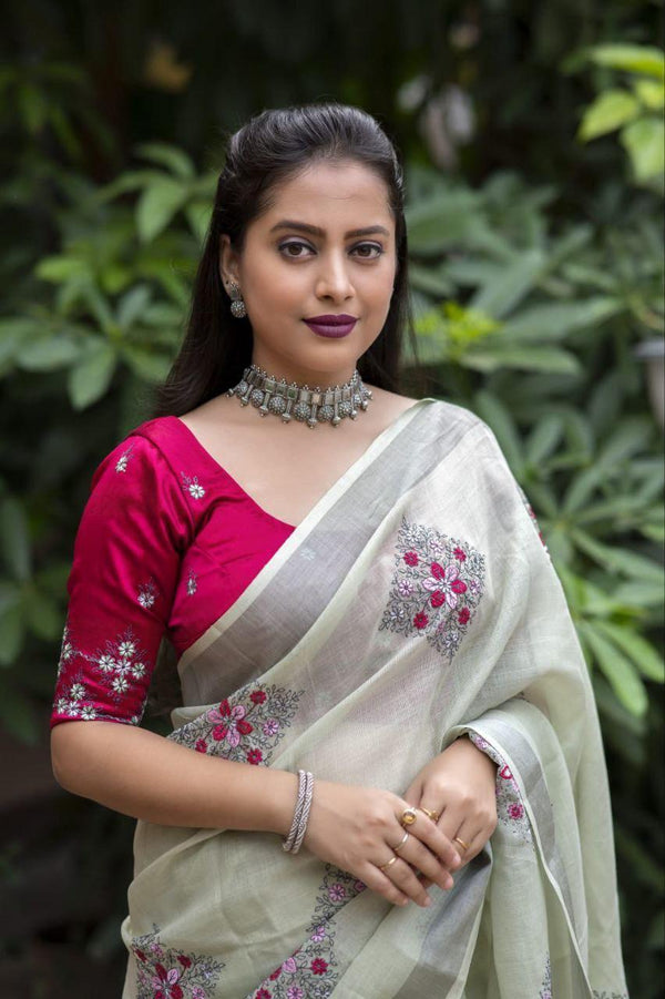 Green Pure Linen Ethnic Motifs Saree with Unstitched Blouse - A2M