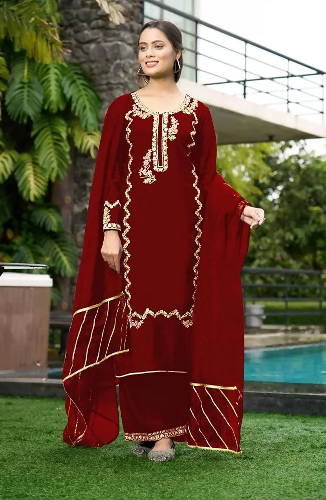 Nikhaar Maroon Embroidered Art Silk Straight Cut Readymade Pakistani Suit