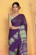 Thumbnail for Very Much Indian Tie & Dye Handloom Mul Cotton Saree - Blue Green - Distacart