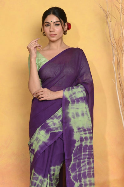 Very Much Indian Tie & Dye Handloom Mul Cotton Saree - Blue Green - Distacart