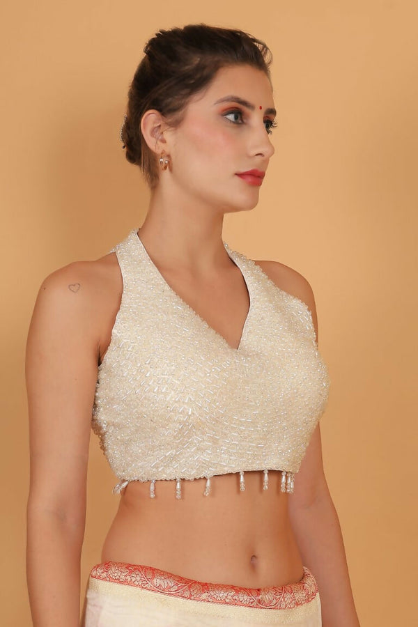 Joban Fashion Silk Pearl And Beads Hand Embroidery Padded Blouse - White
