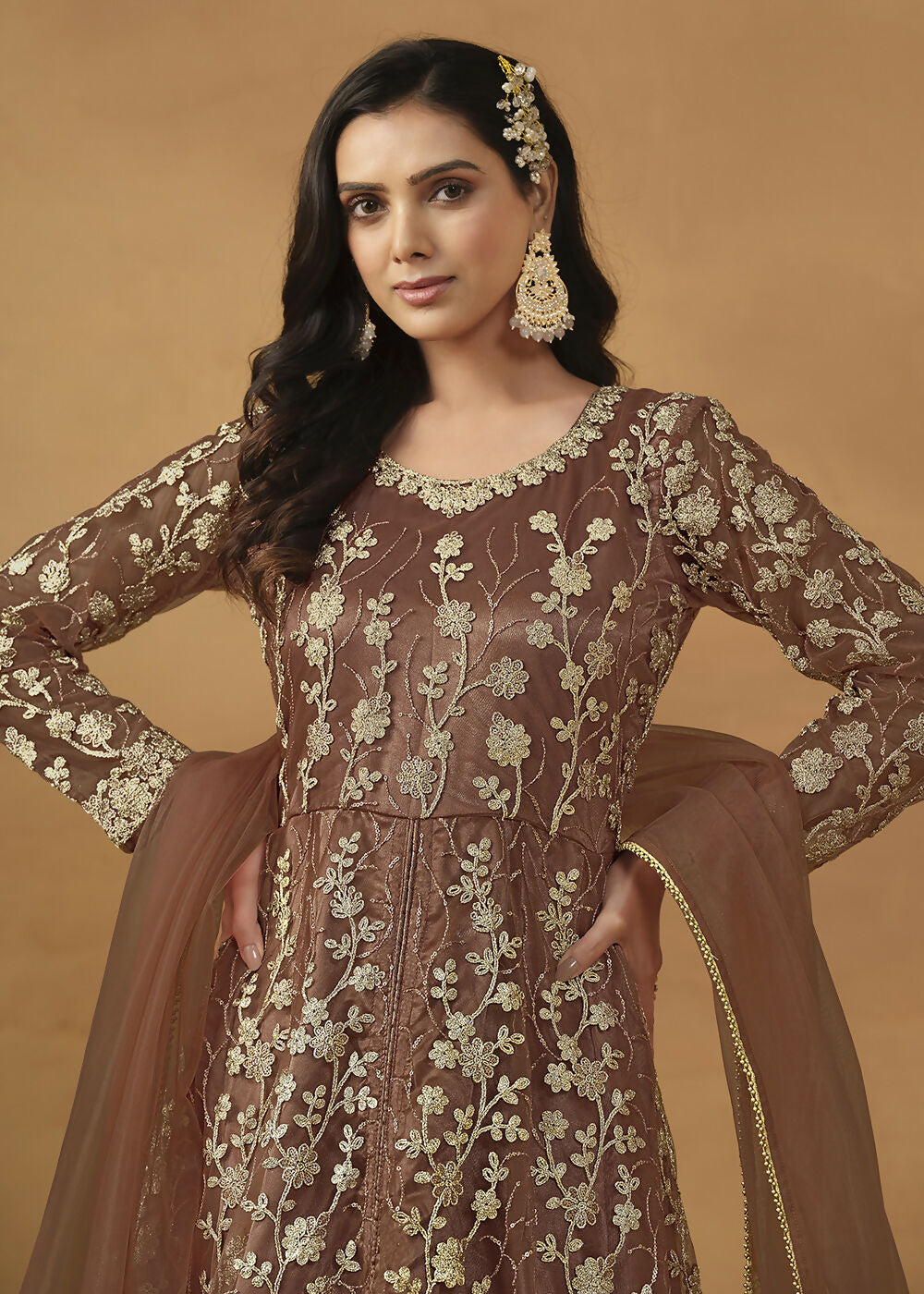 Pant Style Snuff Brown Embroidered Net Wedding Anarkali Suit - Emponline - Distacart