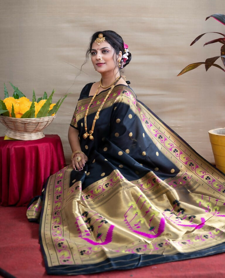 Jyoti Fashion Women's Black Paithani Silk Zari Woven Saree with Blouse - Distacart