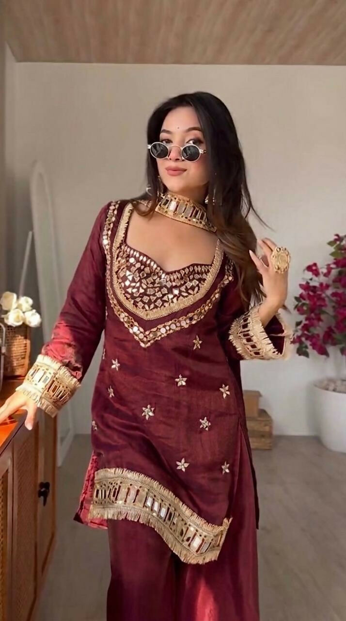 Teeya Creation New Trendy Stylish Real Mirror Work With Lace Border Kurta Set - Dista