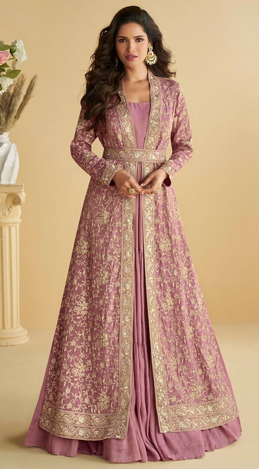 Anaita Purple Chinon Silk Readymade Anarkali Shrug Gown with Belt & Embroidery Work - Distacart