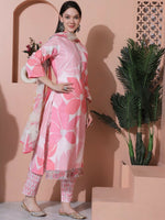 Thumbnail for Jyoti Fashion Women's Pink Cotton Floral Digital Print & Floral Embroidered Cutwork Border Sequins Work Kurta with Trouser & Dupatta - Distacart