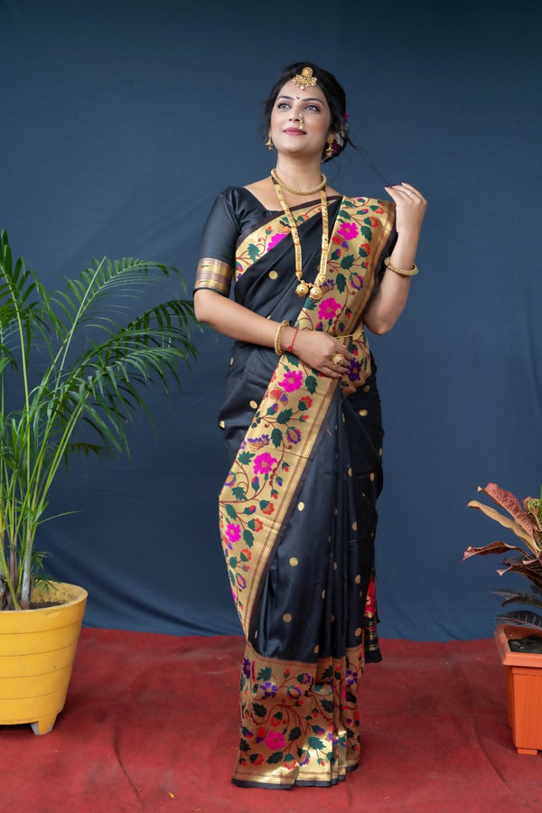 Jyoti Fashion Women's Black Paithani Silk Zari Woven Saree with Blouse - Distacart