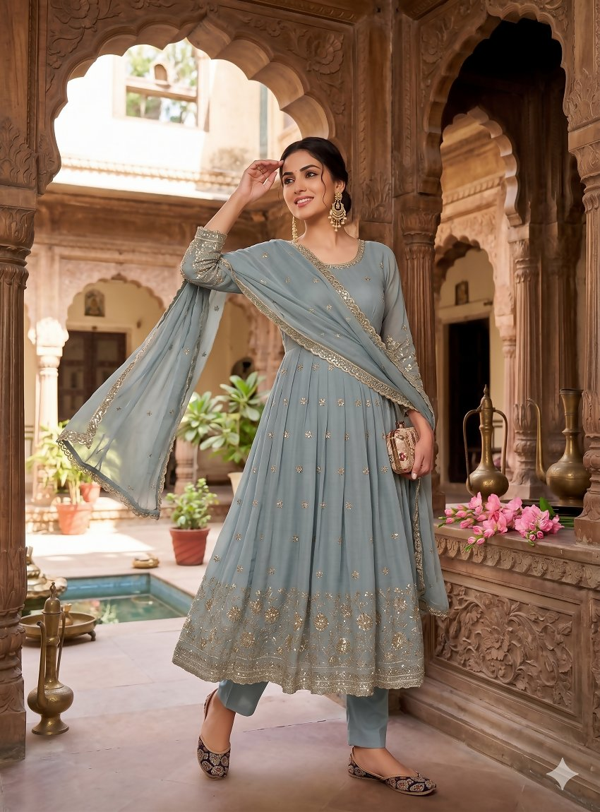 Teeya Creation Elegant Grey Embroidered Anarkali Kurta Set With Mirror Work Dupatta - Dista