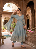 Thumbnail for Teeya Creation Elegant Grey Embroidered Anarkali Kurta Set With Mirror Work Dupatta - Dista