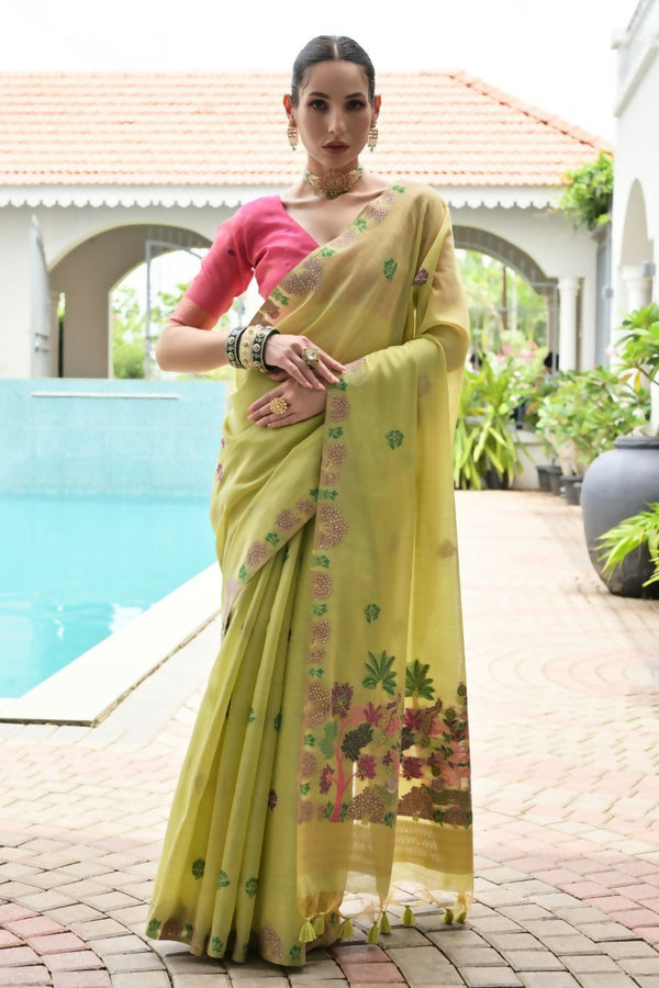 Vishnu Weaves Women's Pista Muga Cotton Thread Weaving Saree with Blouse