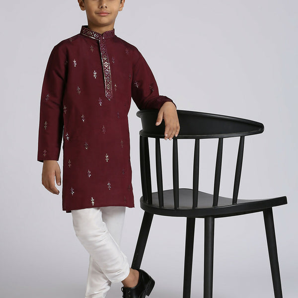 Joban Fashion Kids Island Traditional Ethnic Wear with Silk Sequence Embroidery Full Sleeves Kurta and Pyjama Set - Wine - Distacart