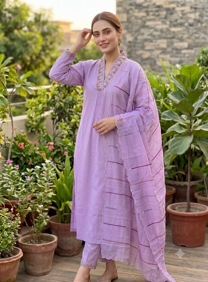 Teeya Creation Lavender Embroidered Silk Kurta Pant Set With Scalloped Dupatta - Dista