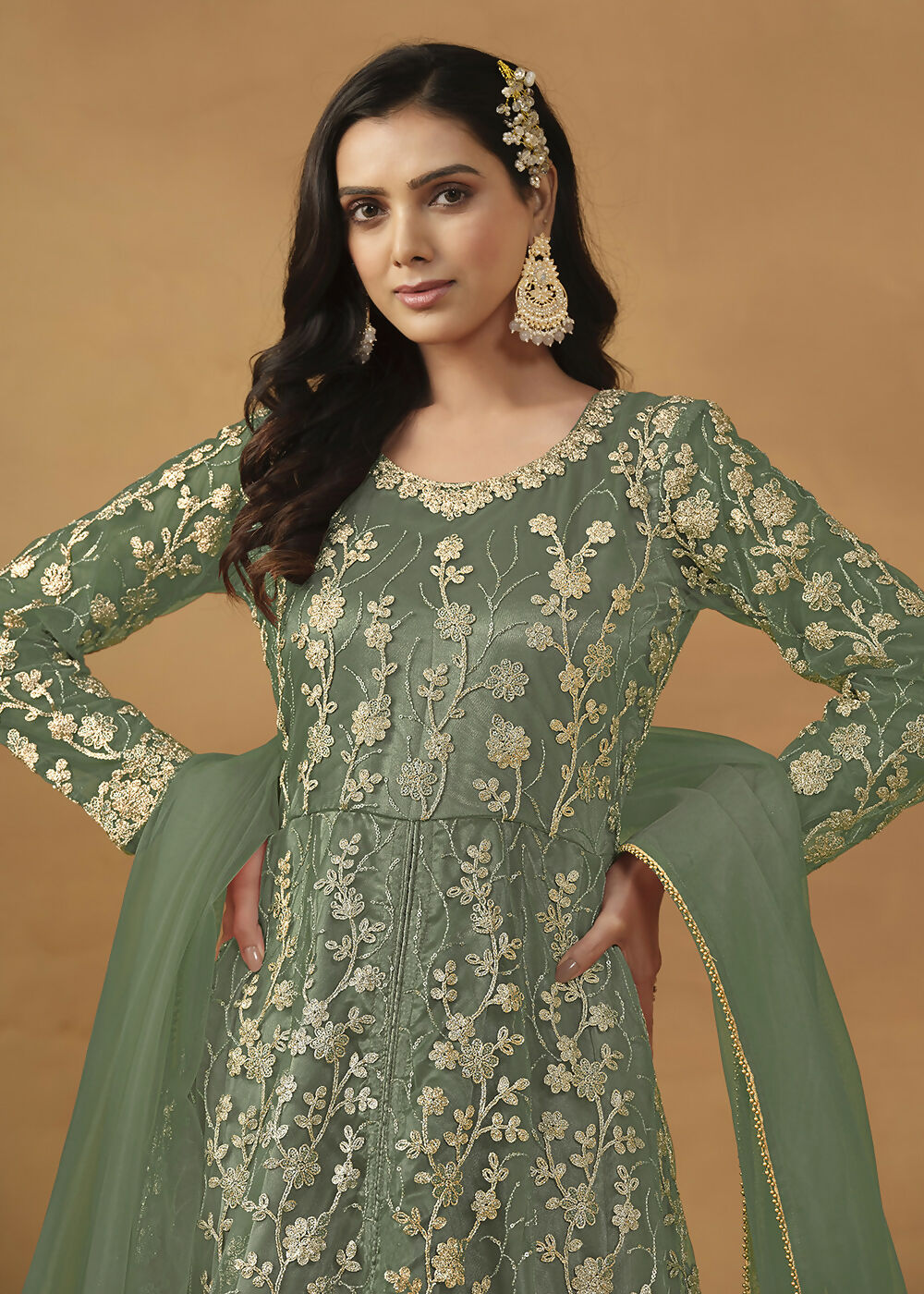 Pant Style Sage Green Embroidered Net Wedding Anarkali Suit - Emponline - Distacart