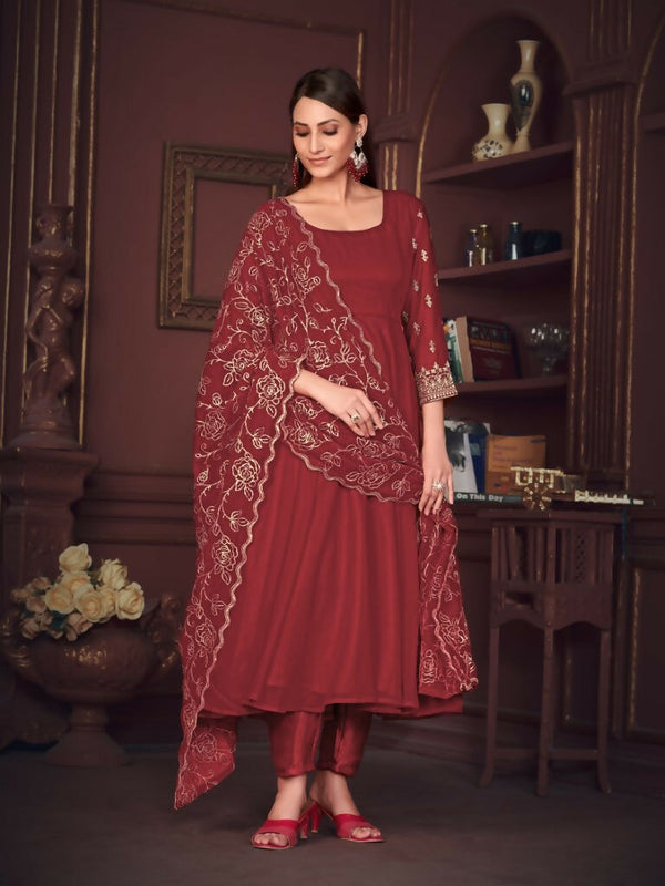 Jyoti Fashion Women's Maroon Georgette Embroidered Anarkali Kurta Pant Set With Dupatta - Distacart
