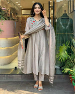 Thumbnail for The52 Grey Women's Gorgeous Chinon Viscose Fabric Embroidered Work Straight Kurta Pant and Dupatta Set - Distacart