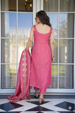 Thumbnail for The52 Peach Women's Viscose Zari Chanderi Fabric Embroidered Work Straight Kurta, Pant and Dupatta Set - Distacart