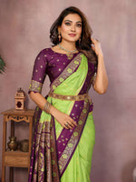 Thumbnail for Aastha Fashion Parrot Green Kalamkari Silk Zari Woven Saree - Distacart