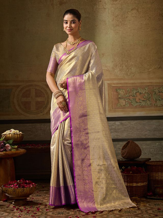 Shree Shyam Fashion Woven Work Kanchivaram Silk Fabric Festive Wear Saree With Blouse—Cream - Dista