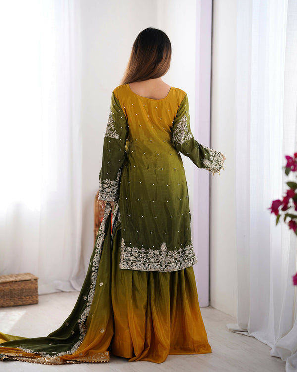 Joban Fashion Green Palazzo Chinon silk Coding Dori with Sequence with Rivet Moti