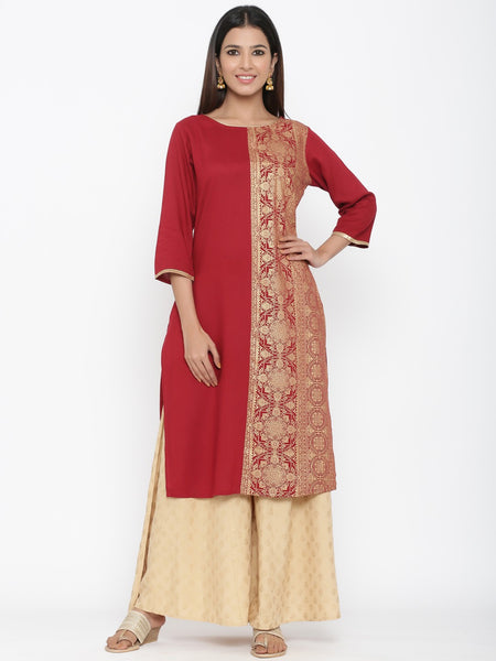 Juniper Maroon Rayon Printed Panelled Kurta