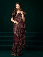 Thumbnail for Joban Fashion Maroon Net Party Wear Sarees - Distacart