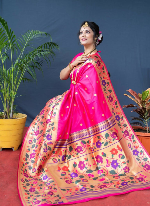 Jyoti Fashion Women's Pink Paithani Silk Zari Woven Saree with Blouse - Distacart