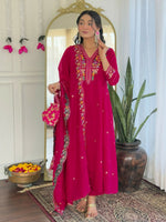Thumbnail for The52 Rani Women's Beautiful Embroidered Work Vichitra Silk Fabric Straight Kurta Pant and Dupatta Set - Distacart