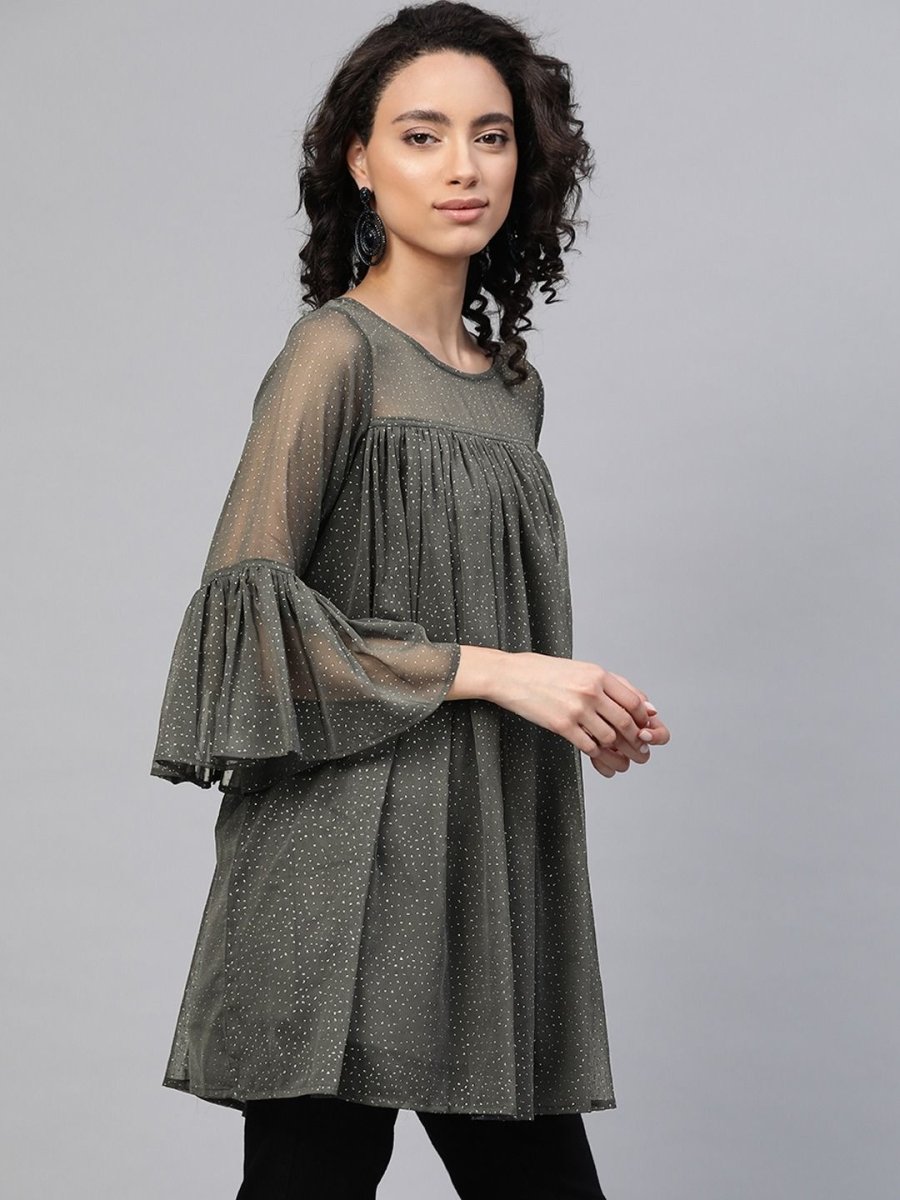Ahalyaa Women Grey Chiffon Silver Glitter Printed Tunic