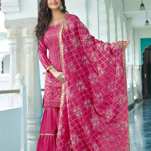 Teeya Creation Pink Colour Chinnon Silk Heavy Embroidery Work Fully Stitched Salwar Suit - Distacart