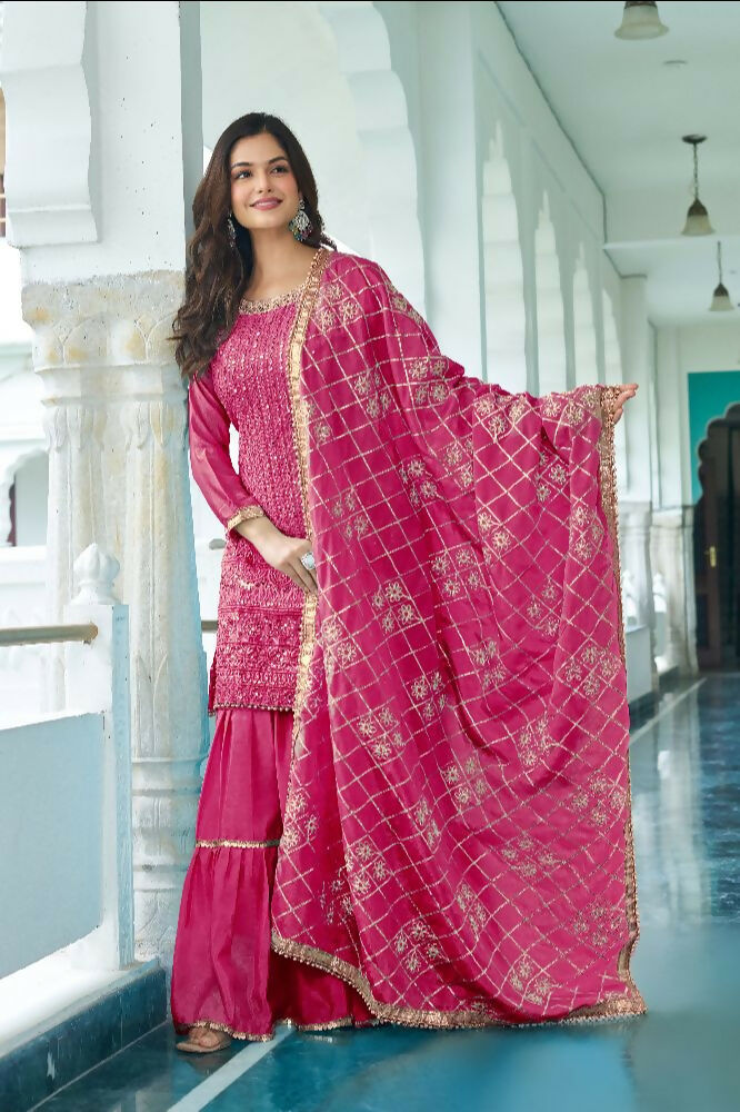Teeya Creation Pink Colour Chinnon Silk Heavy Embroidery Work Fully Stitched Salwar Suit - Distacart